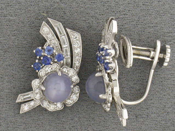 50914 - SOLD - Circa 1950 J.E.Caldwell Platinum Star Sapphire Diamond Earrings
