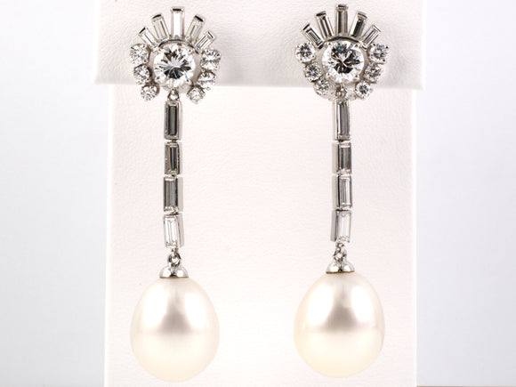 51084 - Circa 1960s Platinum Diamond South Sea Pearl Drop Dangle Earrings