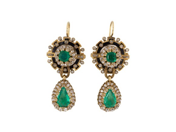 51314 - Victorian Circa 1860 Gold French Emerald Diamond Black Enamel Earrings