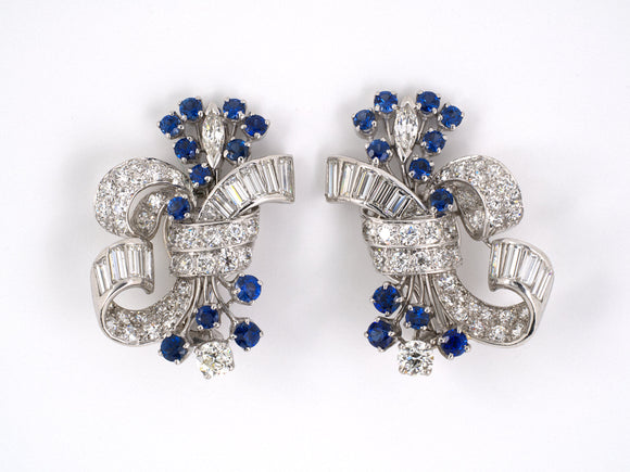 51409 - Circa 1950 Platinum Diamond Sapphire Ribbon Spray Earrings