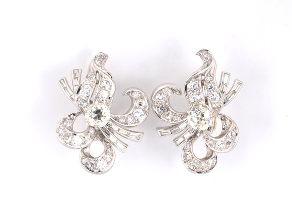 52629 - Circa 1950 Platinum Diamond Spray Ribbon Earrings