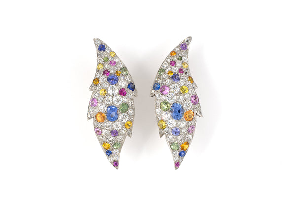 52635 - Art Deco Platinum Pave Diamond Sapphire Flame Earrings