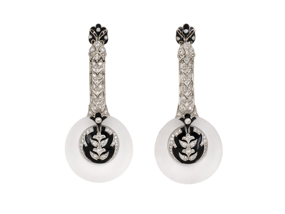 52833 - Art Deco Platinum Diamond Crystal Enamel Drop Dangle Hoop Earrings