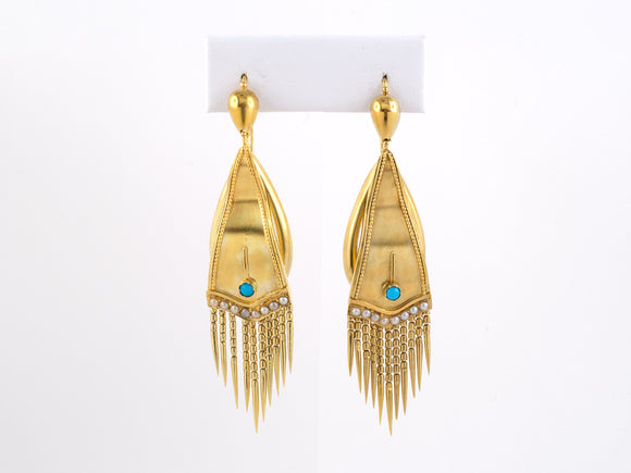 52889 - Victorian Gold Turquoise Pearl Tassel Earrings