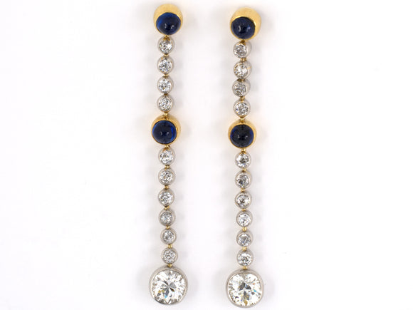 52970 - Edwardian Platinum Gold Sapphire Diamond Drop Earrings