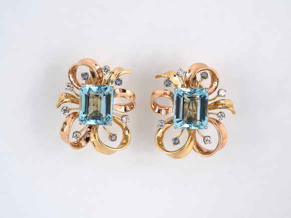 53058 - SOLD - Retro Gold Aquamarine Sapphire Diamond Earrings