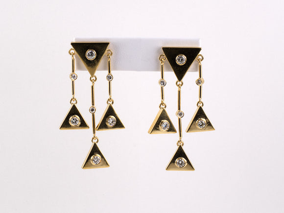 53085 - Circa 1980 Gold Diamond Geometric Triangle Drop Earrings