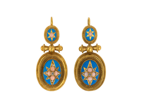 53105 - Victorian Etruscan Revival Gold Diamond Enamel Drop Earrings