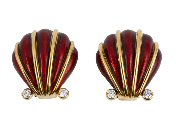 53106 - Schlumberger Tiffany Gold Diamond Enamel Shell Earrings