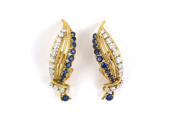 53131 - Circa 1965 Gold Platinum Diamond Sapphire Rope Feather Earrings