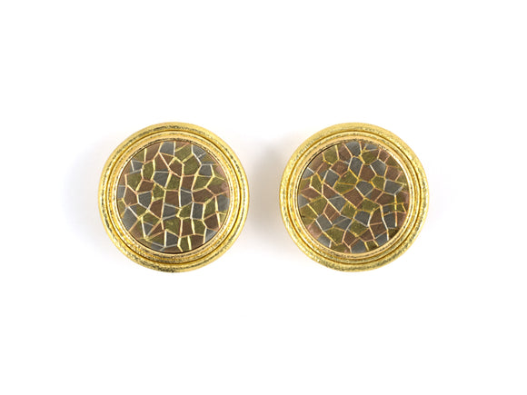 53201 - Circa 1970 Gold Tri Color Stained Glass Circle Earrings