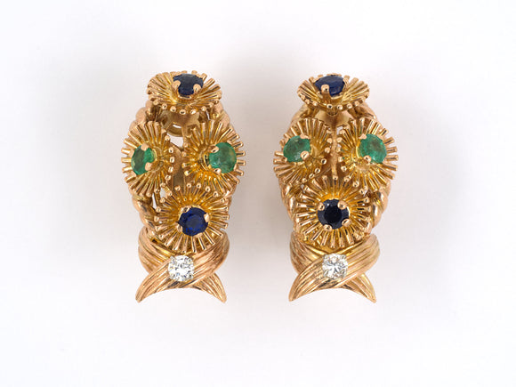 53211 - Gold Diamond Emerald Sapphire Flower Cluster Earrings