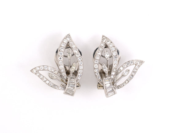 53221 - SOLD - Circa 1950 Platinum Diamond Leaf Flower Earrings