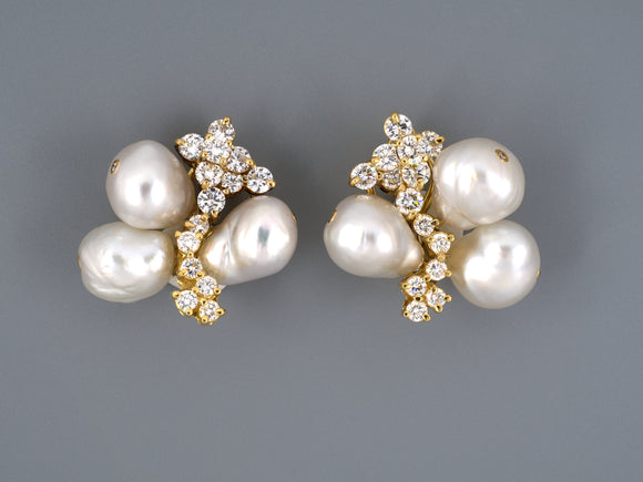 53229 - SOLD - Baroque Neiman Marcus Gold Pearl Diamond Flower Earrings