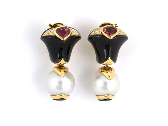 53288 - Circa 1987 Marina B Gold Onyx Pink Tourmaline Pearl Diamond Earrings