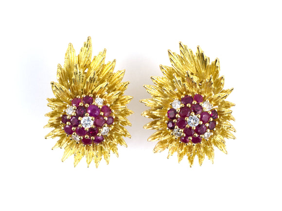 53305 - SOLD - Gold Ruby Diamond Cluster Flower Leaf Earrings