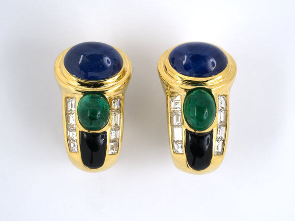 53309 - SOLD - Gold Sapphire Emerald Diamond Onyx Earrings