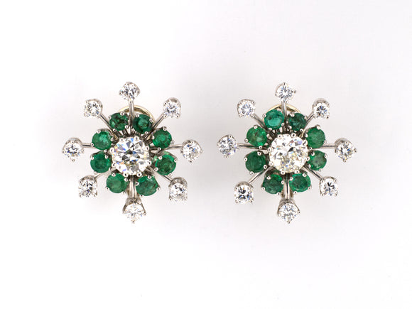 53321 - Circa 1950 Platinum Diamond Emerald Cluster Earrings