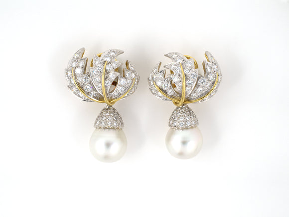 53391 - Platinum Gold Diamond Pearl Leaf Earrings