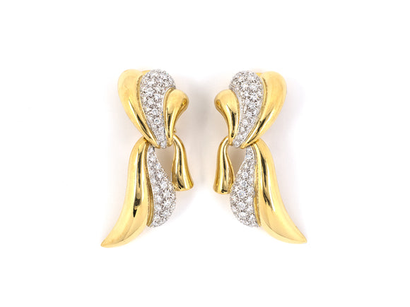 53451 - Circa 1980s Gold Diamond Ribbon Drop Earrings
