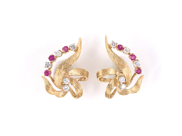53475 - SOLD - Circa 1950s Gold Ruby Diamond Flower Earrings