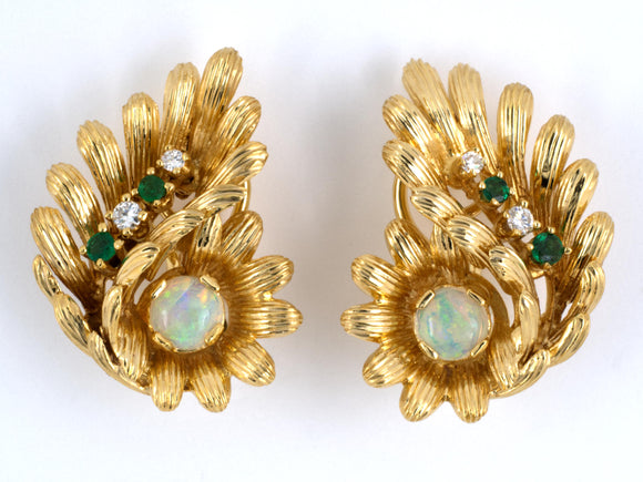 53496 - Circa 1960s Gold Opal Diamond Emerald Earrings