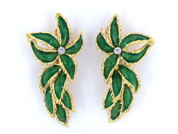 53507 - SOLD - Circa 1970s Tiffany Gold Platinum Diamond Enamel Floral Leaf Earrings