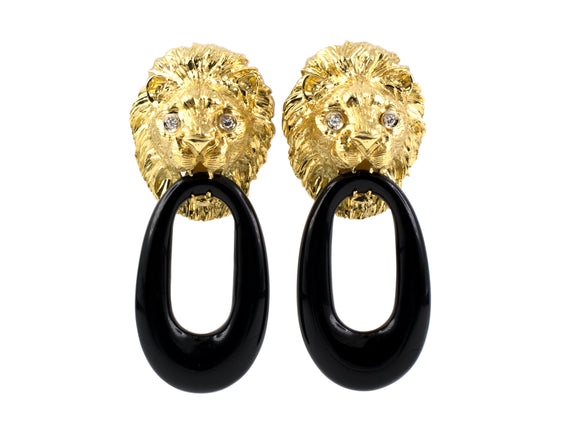 53517 - SOLD - Gold Diamond Black Onyx Lion Head Earrings
