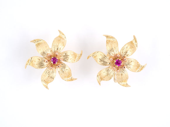 53648 - SOLD - Gold Ruby Carved Flower Leaf Earrings