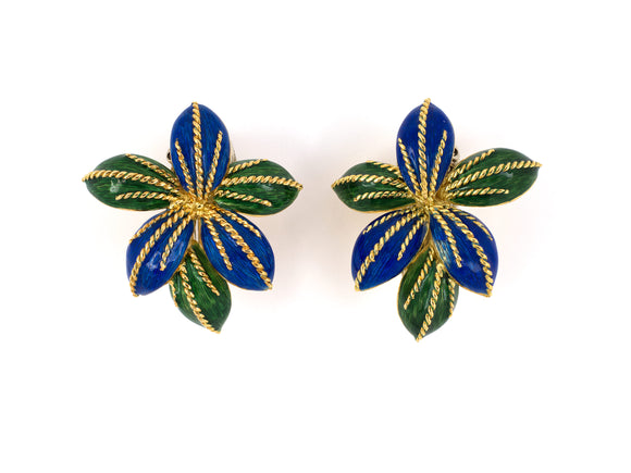 53665 - SOLD - Circa 1970s Tiffany Gold Enamel Flower Leaf Earrings
