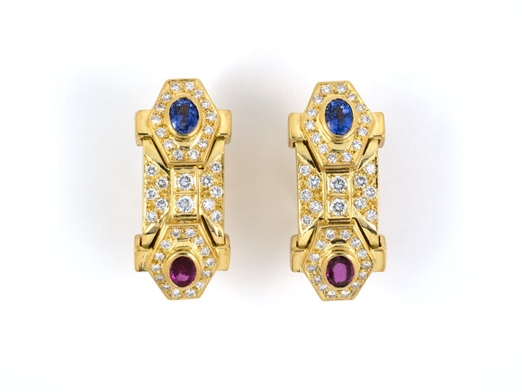 53681 - Gold Oval Sapphire Ruby Diamond Cluster Drop Earrings