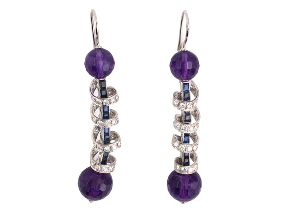 53692 - Platinum Amethyst Diamond Sapphire Barber Pole Dangle Earrings