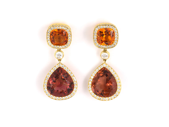 53727 - Laura Munder Gold Mandarin Garnet Tourmaline Diamond Cluster Drop Earrings