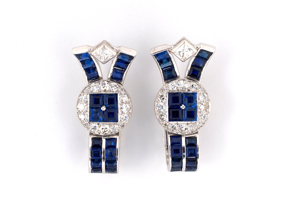 53736 - Art Deco Cartier Platinum Diamond Sapphire Spray Bow Earrings