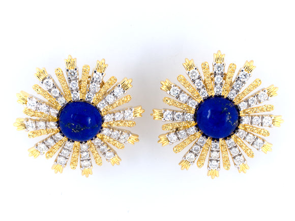 53756 - Circa 1980 Gold Lapis Diamond Sun Earrings