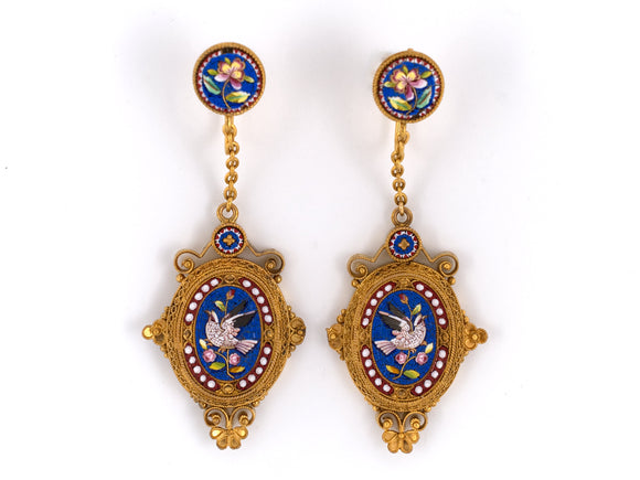 53769 - Victorian Etruscan Revival Gold Micro Mosaic Floral Bird Drop Earrings