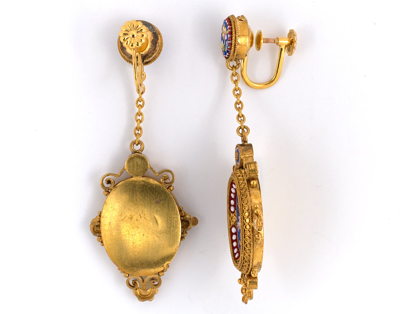 53769 - Victorian Etruscan Revival Gold Micro Mosaic Floral Bird Drop Earrings