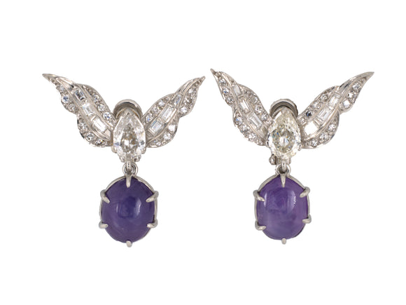 53817 - Circa 1945 Platinum Diamond AGL Purple Star Sapphire Earrings