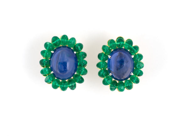 53820 - Circa 1990s Gold Platinum AGL Sapphire Emerald Cluster Earrings