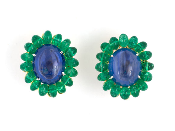 53821 - Gold Platinum AGL Sapphire Emerald Cluster Earrings