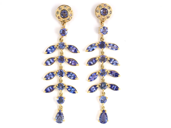 53824 - SOLD - Gold Diamond Tanzanite Leaf Earrings