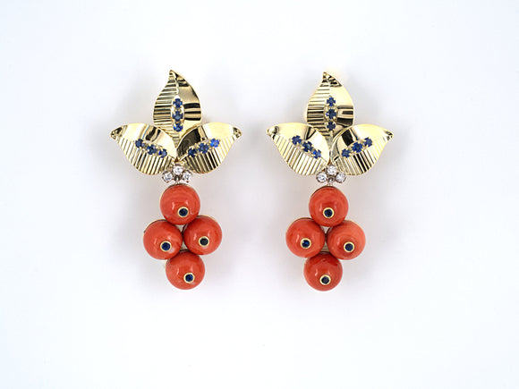 53832 - SOLD - Circa 1950 Gold Sapphire Diamond Coral Earrings