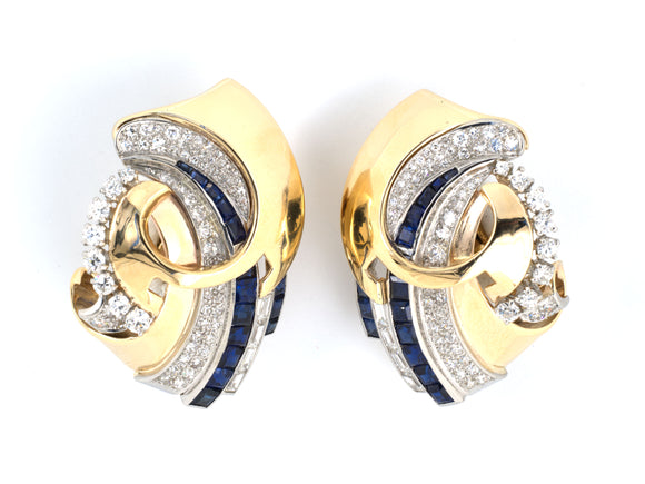 53835 - Retro Gold Platinum Diamond Sapphire Earrings