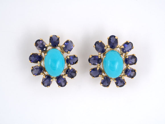 53843 - SOLD - Gold Turquoise Iolite Cluster Earrings