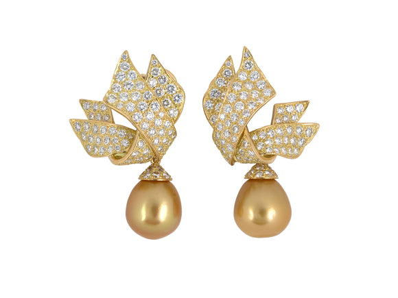 53872 - Circa 1990 Chanel Gold Diamond South Sea Golden Pearl Drop Earrings