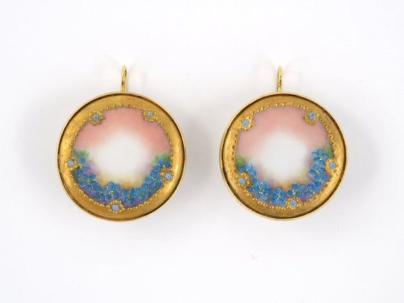 53881 - Circa 1900 Victorian Gold Enamel Hand Painted Porcelain Earrings