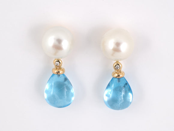 53899 - SOLD - Maz Gold Diamond Pearl Blue Topaz Detachable Drop Earrings