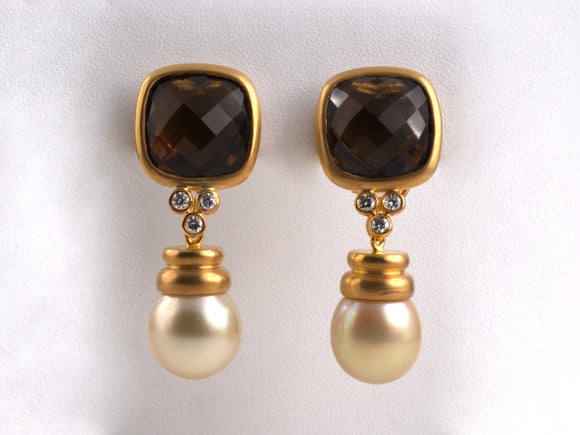 53903 - SOLD - Maz Gold Diamond Quartz South Sea Pearl Detachable Drop Earrings