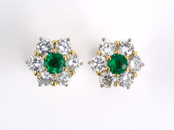 53924 - Platinum Gold Emerald Diamond Cluster Earrings