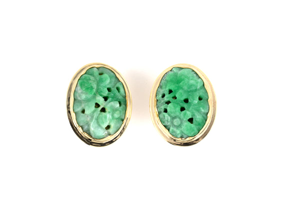 53926 - SOLD - Gold Carved Jadeite Earrings